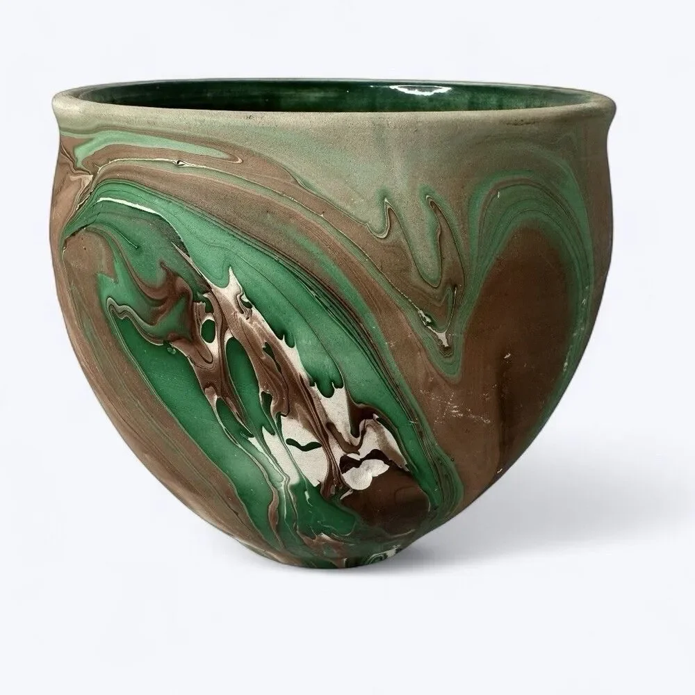 Art Pottery Planter Marked Yosemite National Park Vase Green Brown Swirl 4